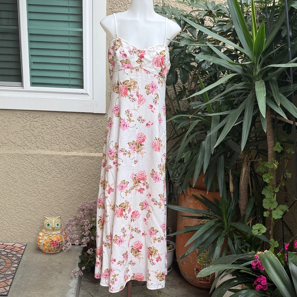 Vintage Floral Spaghetti Strap Maxi Linen Dress with Pockets